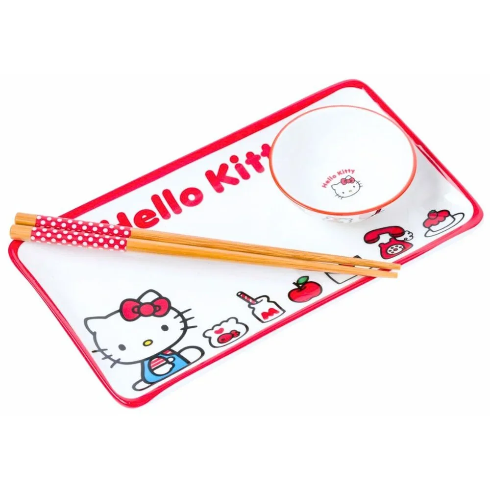 HELLO KITTY Sanrio Red and White Ceramic Sushi Plate Bowl Chopsticks Set NEW